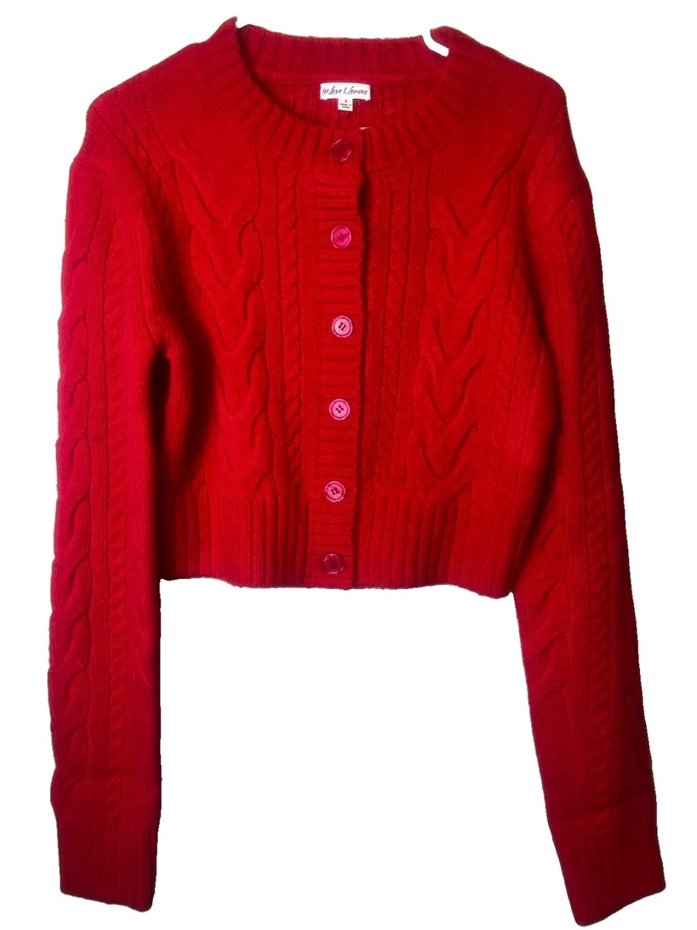 For Love and Lemons Vibrant Red Cable Knit Cropped Cardigan Sweater Size S